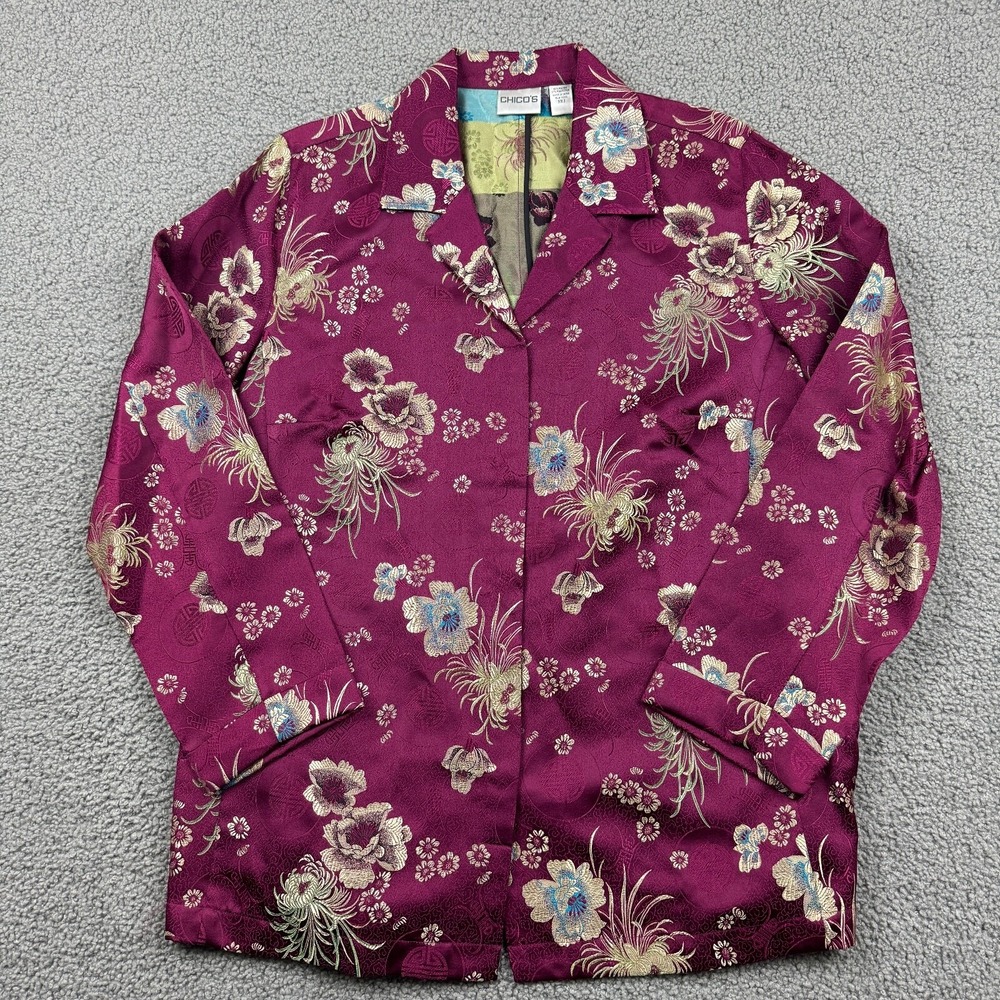 Chico's Blazer Womens 2 Violet Jacket Asian Floral Print Button Up Rayon Blend